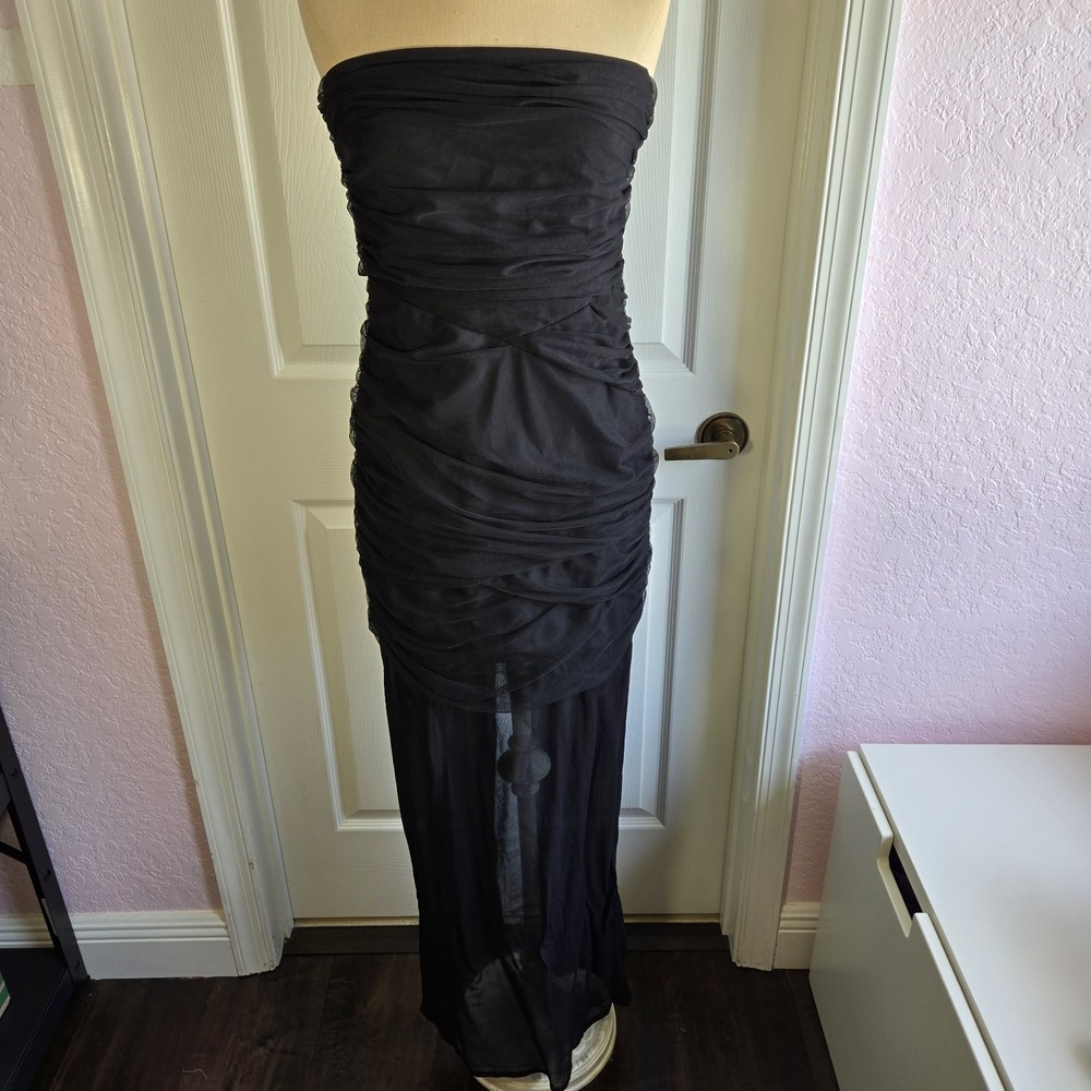 Zara Strapless‎ Black Ruched Mesh Long Bodycon Dress Size S Back Slit Side Zip
